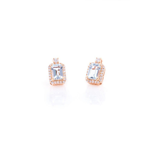 Emerald-Shaped Aquamarine Halo Earrings
