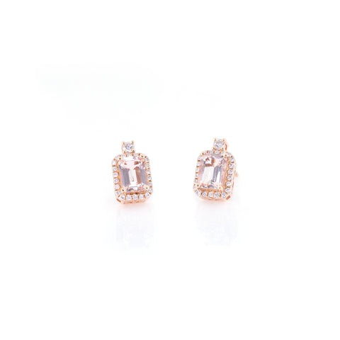 Emerald-Shaped Morganite Halo Earrings