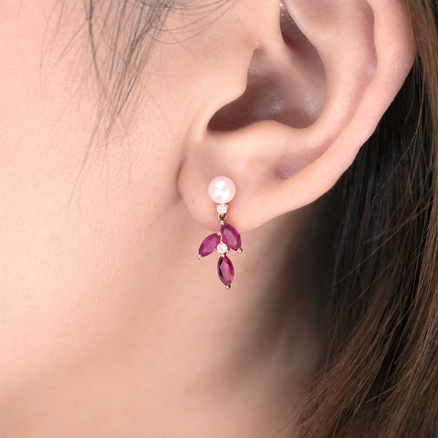 Marquise Ruby and Akoya Pearl Earring